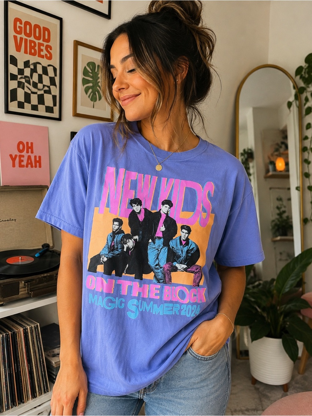NKOTB Gildan Purple New Kids On The Block Graphic Tee with Pink & Yellow Print